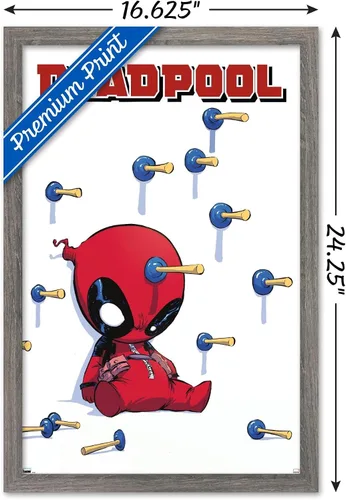 Vista 3 de Trends International Marvel Comics Deadpool - Póster de pared de dardos, 22.4 pulgadas de largo x 14.7 W, versión enmarcada de madera de granero