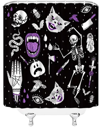 Vista 3 de GCTNBJL Cortina de ducha de Halloween, espeluznante alquimia, calavera, esqueleto, gato, calabaza, quiromancia, gótica, bohemia, tablero mágico