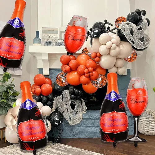 Vista 6 de Juego de 6 globos de Halloween, champán rojo y globos de copa de vino para decoraciones de fiesta de Halloween (champán)