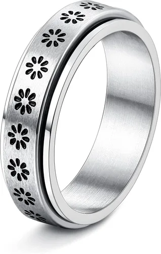 Vista 5 de DRUTORE Anillos de acero inoxidable para mujeres y hombres, anillos de ansiedad con flores de luna, estrellas y flores, antiestrés, anillos
