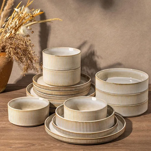Vista 27 de GBHOME Stoneware Dinnerware Sets for 4, 12-Piece Plates and Bowls Set