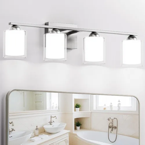 Vista 25 de Quntis Lámparas de baño de níquel cepillado con 5 modos de color, lámpara de tocador de baño moderna regulable de 3 luces sobre espejo, lámpara