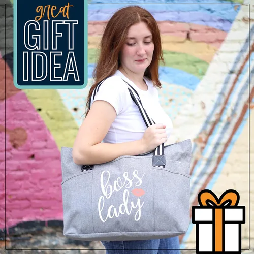 Vista 5 de Brooke & Jess Designs Boss Lady Zippered Pocket Canvas Tote Bag for Bosses, Manager, Chaos Coordinator