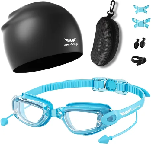 Vista 8 de Gafas de natación 7 en 1 + gorro de natación para hombres y mujeres, sin fugas, antivaho y UV, lente de PC con espejo HD de visión amplia