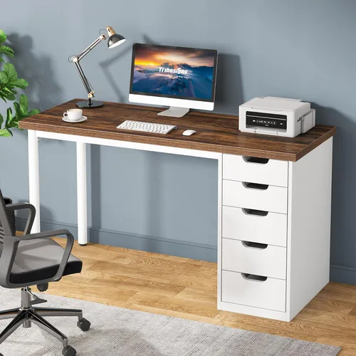 Vista 9 de Tribesigns Escritorio para computadora con 5 cajones, escritorio de oficina en casa de 47 pulgadas, color marrón rústico, con almacenamiento Negro