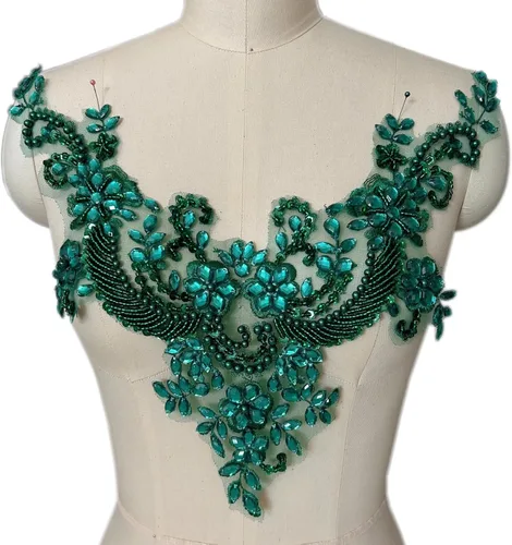 Vista 11 de Parches de encaje con flores y cuentas de perlas, apliques de strass para coser en ropa, cuello (AB)