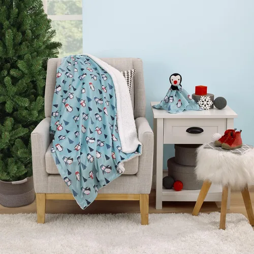 Vista 8 de NoJo Penguin and Pinetree's Aqua, Teal, Black and Red - Juego de manta de bebé y manta de seguridad súper suave de Navidad