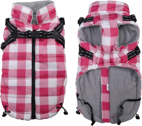 Vista 9 de Chaqueta de invierno para perro, abrigo impermeable para perro con arnés integrado, chaleco para cachorros, ropa para mascotas pequeñas con forro
