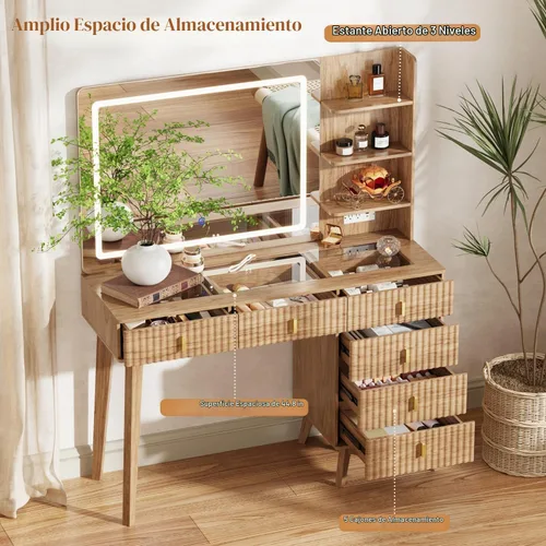Vista 2 de Escritorio grande de maquillaje con espejo y luces, escritorio de tocador con 6 cajones y estantes de almacenamiento, mesa de tocador con toma