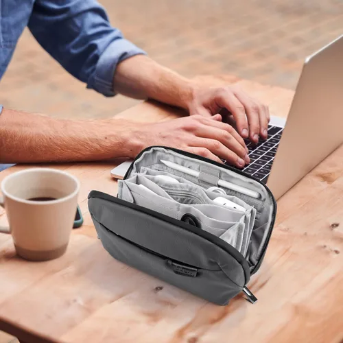 Vista 6 de Bolsa organizadora de artículos electrónicos de viaje, color gris oscuro La funda de bolsa almacena cables, cargadores y otros accesorios