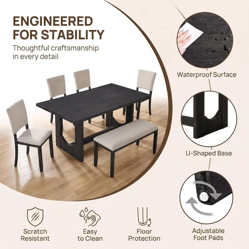 Vista 6 de Juego de mesa de comedor de 6 piezas con banco y 4 sillas Negro Beige-1