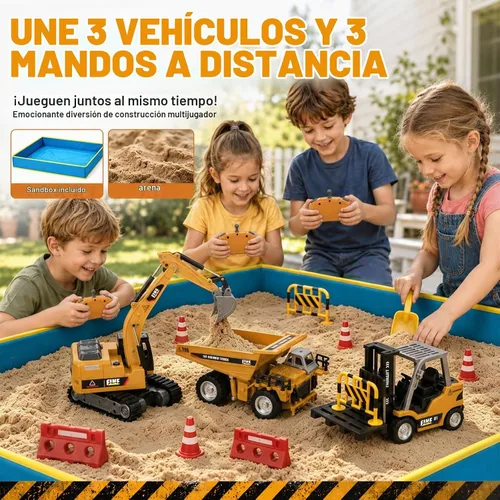 Vista 4 de YESHIN Vehículos de construcción a control remoto, 3 piezas de mini aleación de control remoto a escala 1:64 con caja de arena, camino programable