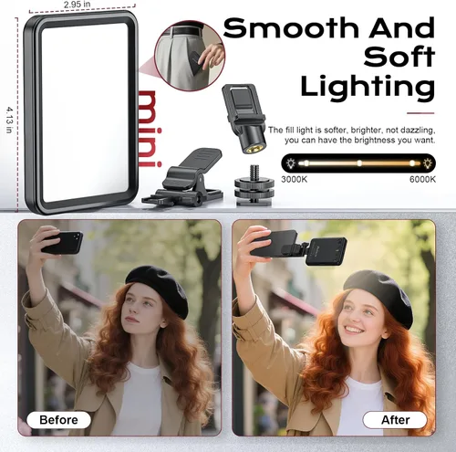 Vista 5 de Luz de Selfie Suave Recargable para Teléfono, Cámara, Portátil, Luz LED Portátil de Batería 4-14H para Fotos, Clip de Luz de Teléfono para Selfie