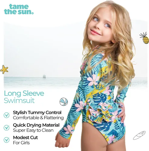 Vista 2 de Tame the Sun Traje de baño de manga larga para niña, con volantes, UPF 50+ con cremallera, traje de baño para edades de 3 a 12 años