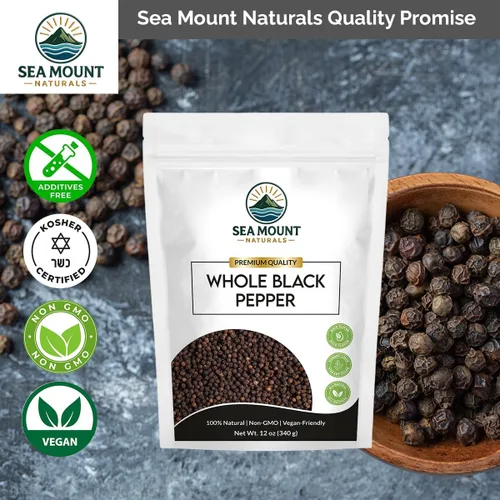 Vista 2 de Sea Mount Naturals Tellicherry - Granos de pimienta negra, 12 onzas (11.99 oz) Pimienta negra entera natural para molinillos Kosher, sin OMG