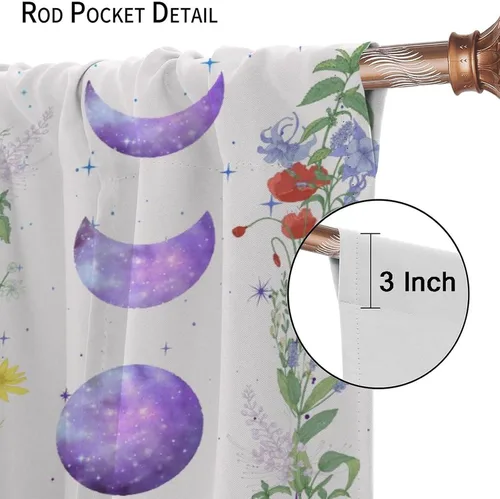 Vista 6 de Cortinas opacas con diseño de luna y flores silvestres para cocina, cortinas opacas de acuarela floral con flores silvestres iluminadas por la luna