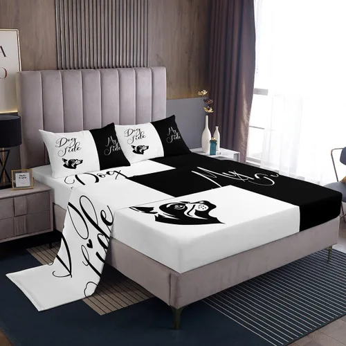 Vista 2 de Dog Side My Side - Juego de sábanas de tamaño Queen, color negro y blanco, sábana bajera ajustable para mujeres y hombres, sábanas románticas