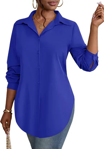 Vista 28 de Rooscier Blusa larga con cuello en V para mujer, manga larga, abertura lateral, con botones