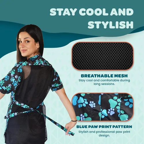 Vista 2 de Ladybird Line 701 Blue Paw Print - Bata impermeable para el aseo de perros con bolsillos, resistente al pelo y a la lejía, panel de cremallera
