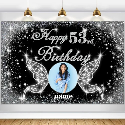 Vista 29 de Cartel personalizado de decoración de fiesta de cumpleaños número 100 - tema de alas de ángel - negro y plateado HY-NLK-100º