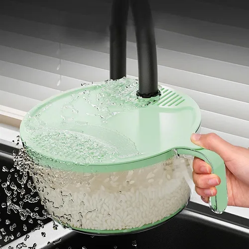 Vista 2 de Cesta multifuncional para fregadero, colador de arroz, cuenco, filtro de lavado, colador de plástico, lavadora automática de arroz, colador de Beige