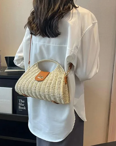 Vista 2 de Bolsa de paja de verano para mujer, con asa superior, tejida a mano, bolsa cruzada para viajes