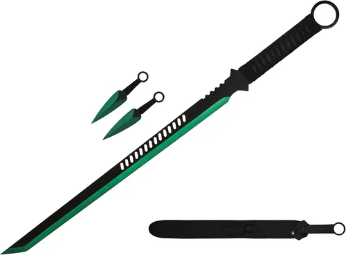 Vista 4 de Wartech K1020-65-BL 440 espada machete de ninja de acero inoxidable con cuchillos para lanzar (2 piezas), 27 pulgadas, azul