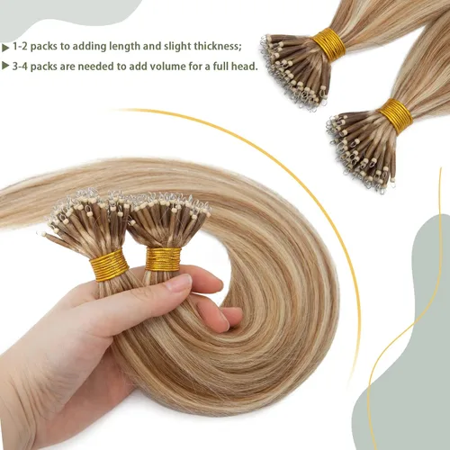 Vista 122 de SEGO Extensiones de cabello humano con micro cuentas, extensiones de cabello humano con micro bucle, lacio, natural, fusión fría, 1.76 oz/paquete