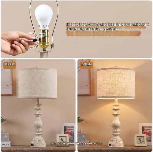 Vista 6 de Juego de 2 Lámparas de Mesita de Noche Estilo Granja para Dormitorio con Puertos USB A+C, Lámparas de Mesa Rústicas Vintage de 28" para Sala