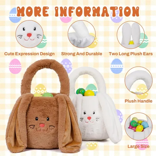 Vista 4 de OurHonor Cesta de Pascua de felpa, cesta de Pascua de conejo para niños, cubos de felpa con bolsas largas para las orejas para niños y niñas, bolsas