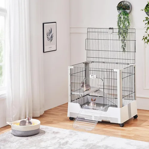 Vista 2 de Yaheetech 30 Pulgadas Jaula para Animales Pequeños de 2 Niveles con Parte Superior Abierta para Conejos en Ruedas con Bandeja Extraíble para Cobaya