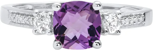 Vista 2 de Dazzlingrock Collection 6mm Cushion Amethyst & Round White Sapphire with White Diamond 3 Stone Style Engagement Ring in 10K Gold