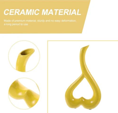 Vista 5 de VOSAREA Recipiente de cerámica en forma de corazón amarillo mostaza florero para sala de estar