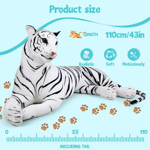 Vista 4 de Peluche de tigre gigante realista, almohada de felpa realista de tigre de 43 pulgadas con forma de apoyo, juguete suave de tigre grande para niños