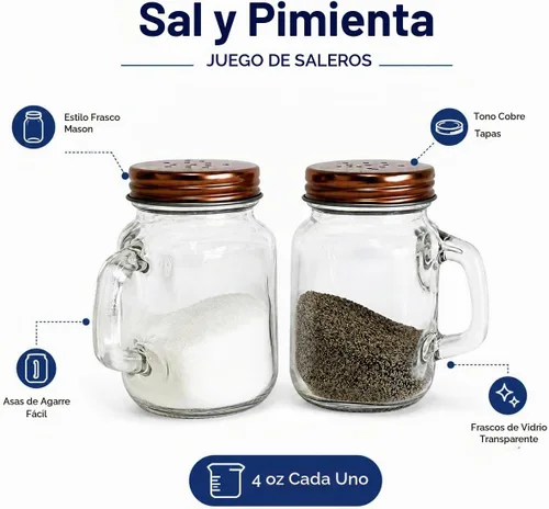 Vista 3 de Mason Jar - Juego de saleros y pimenteros de 4 onzas con asas, tapas de tono cobre, estilo rústico, estilo granja, cocina, comedor