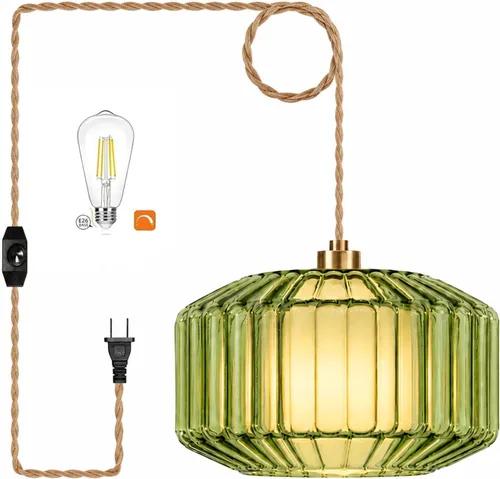 Vista 19 de Lámpara colgante de ratán para enchufar, con cable de enchufe, lámpara colgante de bambú regulable, tejida a mano estilo bohemio, pantalla