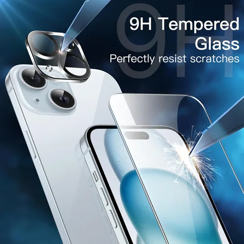 Vista 5 de JETech Funda 5 en 1 para iPhone 15 de 6.1 pulgadas con 2 protectores de pantalla de vidrio templado y protector de lente de cámara, no se pone