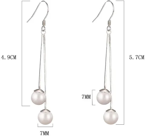 Vista 2 de Plata de ley con perlas de agua dulce aretes colgantes con borlas aretes de aro colgantes de cadena larga aretes de gancho de cadena larga aretes