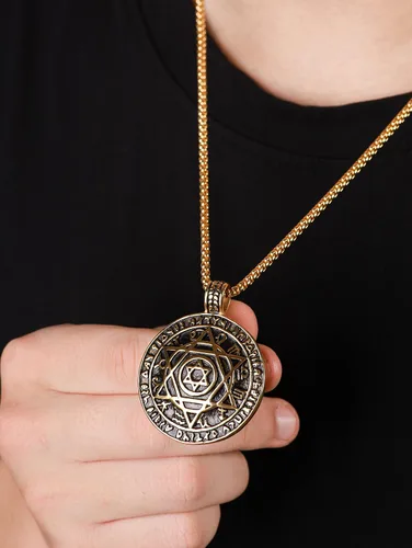 Vista 4 de HAQUIL Seal of Solomon Necklace, Stainless Steel 12 Constellations Hexagram Six Pointed Star of David Protection Amulet Pendant, Box Chain, Jewish