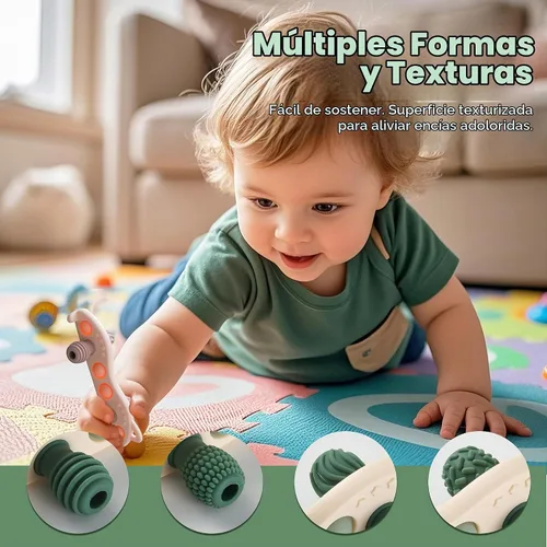 Vista 4 de Juguetes de dentición para bebés, mordedor de silicona para bebé, sin BPA, juguete sensorial masticable (verde)