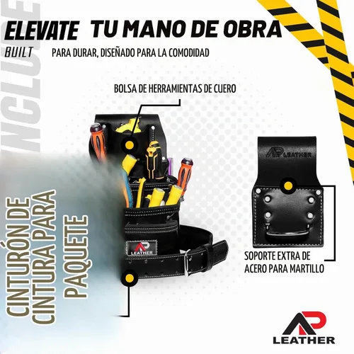 Vista 7 de Bolsa de herramientas de cuero AP LEATHER Pro-015 para construcción, resistente, con soporte para martillo, hebilla, 3 bolsillos grandes