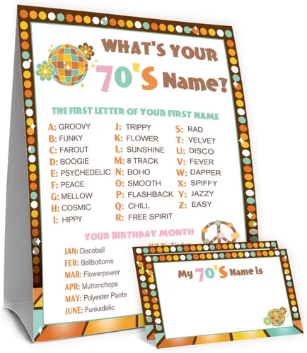 Vista 31 de ¿Cuál es tu nombre de los años 50 Juego, 1 señal de doble cara y 30 tarjetas adhesivas, Juegos de fiesta de cumpleaños retro para niños y adultos