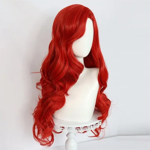 Vista 6 de Peluca de sirena larga y rizada roja de 26 pulgadas para mujeres y niñas, peluca ondulada para cosplay, uso diario, pelucas sintéticas para fiestas