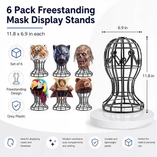 Vista 2 de 6 Pack Freestanding Mask Display Stands for Lucha Cosplay Helmet, Grey