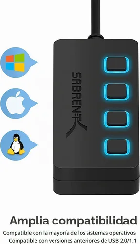 Vista 5 de SABRENT Hub de datos USB 2.0 de 4 puertos con interruptores de alimentación individuales con LED iluminados [no se admite la carga] para Mac y PC