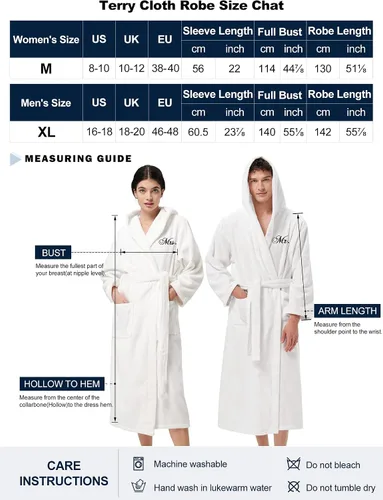 Vista 6 de AW BRIDAL 2Pcs Couple Terry Cloth Robes 100% Cotton Hooded Spa Robe for Women Men Wedding Anniversary Engagement Gifts
