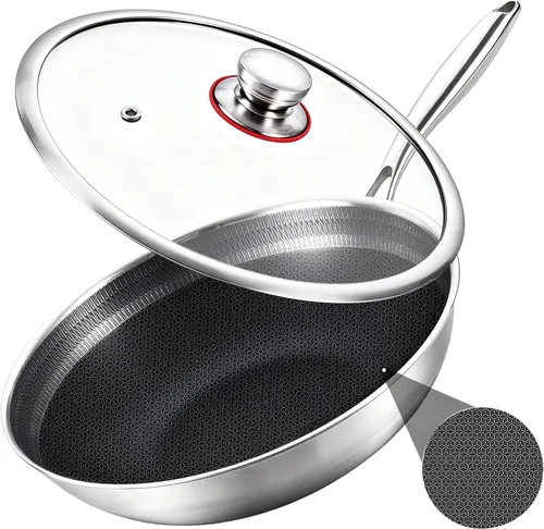 Vista 10 de LOLYKITCH Wok Pan de acero inoxidable de tres capas de 11 pulgadas con tapa