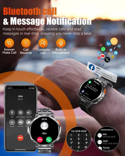 Vista 4 de Relojes inteligentes militares para hombres con llamada Bluetooth, pantalla HD de 1.85 pulgadas, reloj inteligente impermeable con linterna, 114