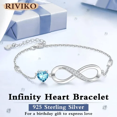 Vista 3 de RIVIKO Pulsera con dije de símbolo de corazón de amor infinito para mujer, plata de ley 925, ajustable, cumpleaños, día de San Valentín, Navidad