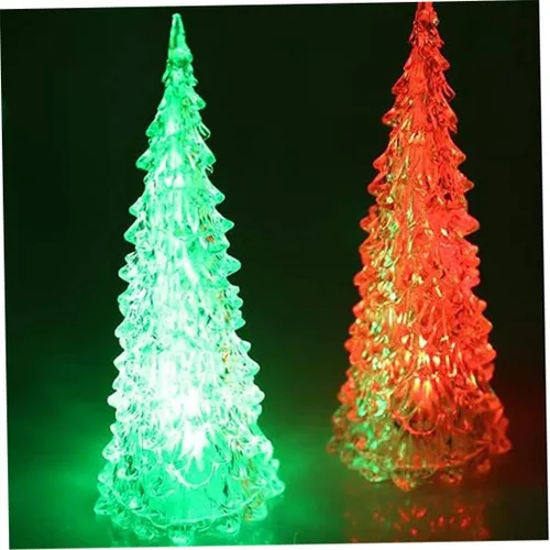 Vista 7 de Árbol de Navidad de cristal, 3 piezas de acrílico de 6.5 pulgadas, pequeño adorno de árbol de Navidad con luz LED que cambia de color, luz nocturna